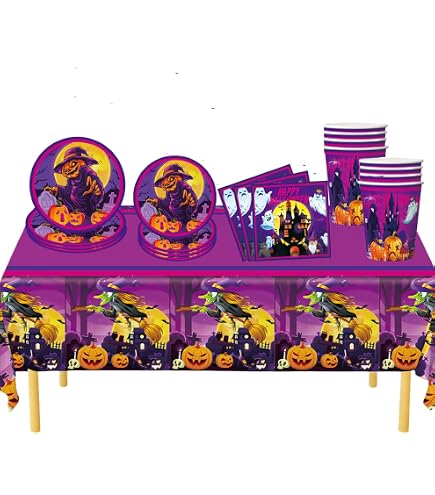 69-teiliges Halloween-Partygeschirr-Set In Lila – Mit Tischdecke, Tellern, Bechern & Servietten
