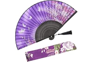 OMyTea "Sakura Chinese/Japanese Women Hand Held Silk Folding Fans with Bamboo Frame - With a Fabric Sleeve for Protection (WZS-38)