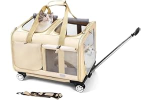 BEAUTYMONKEY.K Transportín Doble para 2 Gatos con Ruedas - 2 Compartimentos Independientes,Base Extraíble y Correas de Seguridad - Transpirable - Ideal Viajes en Coche