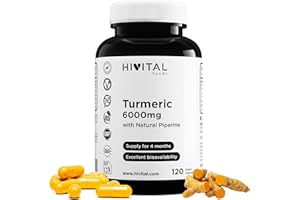 HIVITAL FOODS Curcuma Extrait concentrée 6000 mg avec 285 mg de Curcumine et Poivre Noir. 120 gélules végétales pour 4 mois de traitament. Fabriqué en Europe par HIVITAL