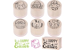 BETESSIN 7pcs Easter Wooden Rubber Stamps Pattern Happy Easter Eggs Rabbit Chiken Round Wooden Printing Stamp for Easter Scrapbook Card DIY Crafts Gift Wrapping Modeling Clay Card Making