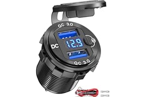 QIDOE Presa USB 12V, Quick Charge 3.0 Caricatore Auto in Alluminio per Cellulare con Voltmetro Rosso e Interruttore a Pulsante, Adattatore Accendisigari 12V Impermeabile per Auto Moto Camper Barca Ecc.