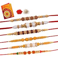 DLS Multicolour Wooden Decorative Rakhi with Greeting Card Roli Chawal for Men/Boys, Combo of 6