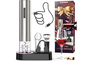 Crenova Tire bouchon électrique rechargeable 6-en-1 avec bouchon à vide, aérateur, coupe-feuille, base d'affichage et câble de chargement USB, argent, cadeau de la Saint-Valentin