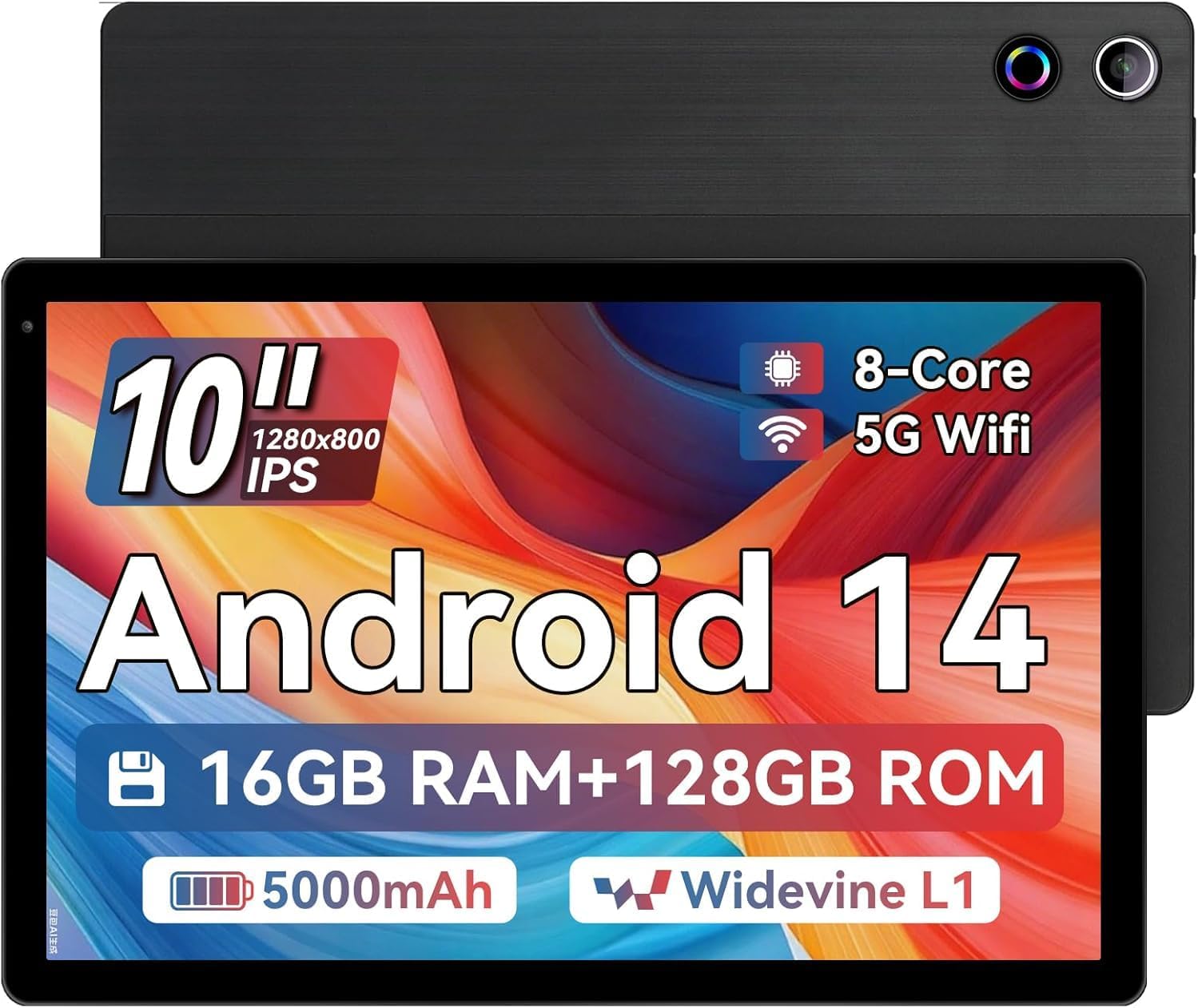 MUISOO 10 Inch Android 14 Tablet, 16GB RAM, 128GB ROM (Expandable to 1TB), Octa-Core Processor, 1280 * 800 IPS HD Touchscreen, 5G/2.4G WiFi, BT 5.0, Dual Camera, 2 Speaker (Black)