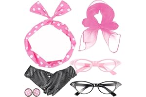 HEAWAA Akcesoria do kostiumów z lat 50., zestaw kostiumów z lat 50. XX wieku z rękawiczkami z elastanu w kropki, bandana, 2 pary, okulary do uszu na imprezę karnawałową