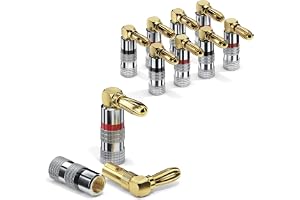 ETEC Banankontakter, lämplig för högtalarkablar upp till 6 mm² tvärsnitt, 90° vinklad med färgkodning (4 x röd, 4 x svart), s