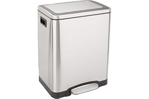 Amazon Basics Poubelle 30 L avec deux compartiments et pédale en tube d'acier - fermeture amortie avec couvercle, pour cuisine, salle de bain ou bureau, rectangulaire, satinée, en acier inoxydable