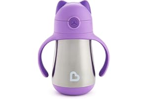 Munchkin - Tasse d'Apprentissage pour Bébé, Design Chat, Gobelet pour Bébé (18 mois et +), Gourde Isotherme avec Paille Anti-Fuite, Boissons Chaudes & Froides - Violette (237 ml)