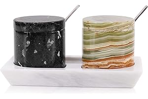 Radicaln Salero y bandeja de mármol, negro y verde, hecho a mano, para juego de 2 cuencos con tapas, ideal para dispensador de azúcar, saleros y pimenteros, almacenamiento de cocina.