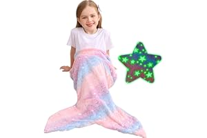 Viviland Meerjungfrauenschwanz-Decke für Kinder, leuchtet im Dunkeln, Flanell-Meerjungfrau-Decke, Geschenke für Mädchen, leuchtender Stern, superweich, Batik, Mädchen-Spielzeug, mehrfarbiger Stern,