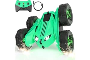 MaxTronic Direktladung RC Ferngesteuertes Auto mit LED, Exklusiv Dual-USB-C-Ladung für Auto & Fernbedienung – 360° Flips, 2.4G 15 km/h 4WD Gummi-Reifen – Vollständig aufladbares Stunt-Auto für Kinder