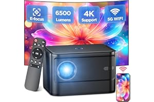 DELGEO Przenośny Mini Projektor, Zmotoryzowana Korekcja Ostrości/Zmotoryzowana Korekcja Trapezu, Obsługuje Dekodowanie HD 4K, Wyświetlacz 6500 Lumenów o Wysokiej Jasności, ± 15 Stopni Korekcji Cyfrowej