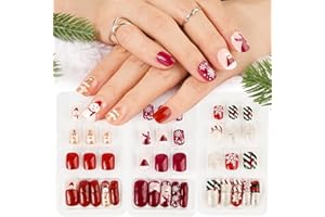 BOOMTOP 72pcs Uñas Postizas Navidad Cuadradas Cortas Colores con Diseño y Pegamento, Uñas Falsas Rojas, Puntas Uñas de Navidad, 3 Cajas 12 Tamaños