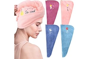 SPOKKI 4 Stück Mikrofaser Handtuch Haare Schnell Trocknend Haartuch in 4 Farben mit Knopf, Super Saugfähig Haarturban Handtuch für Frauen und Mädchen, Schnell Trocken Salon Reisen Bad Kopf Wrap (Obst)