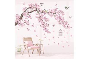 DECOWALL Cherry Blossom Tree Wall Stickers Pink Flower Branch Birds Wall Decals Bedroom Living Room Sofa TV Background Home Décor (SG2-2426)