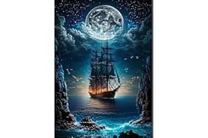 DAERLE 5D Diamond Painting Navire Lune, DIY Broderie Diamant Painting Kit Complet Paysage, Peinture Diamant Artisanat Strass Point de Croix Painting pour Adultes, Enfants 30x40 cm