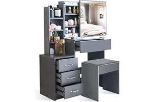 GENERIC Dressing Table with Mirror and Stool, Makeup Vanity Table, 4 Drawer 3 Shelves Storage Unit Cosmetic Bedroom Dresser Make Up Desk Stool For Living Room, Bedroom Furniture, 80W x 36D x130H cm