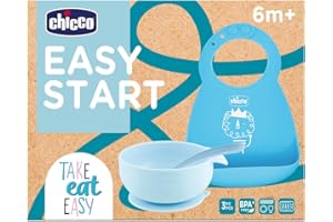 Chicco Set Pappa Silicone Easy Start, Set Pappa Bambino Antiscivolo, Senza BPA, Set Svezzamento 3 Pezzi Composto Da Bavaglino Rigido Easy Roll, Ciotola Easy Con Ventosa e Cucchiaino, 6M+, Azzurro