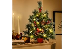 VOTHEN Mini Albero di Natale 50cm, Albero Natale Piccolo da Tavolo con Luci a LED, Christmas Tree Artificiale con Pigne e Bacche Rosse per Natale Decorazioni casa, ufficio, bar, tavola, Interni ed Esterni