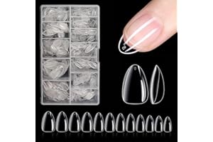 ERBO Krótkie tipsy migdałowe, 504 sztuki, tipsy do paznokci, pełne pokrycie, tipsy migdałowe, tipsy do paznokci żelowych, sztuczne paznokcie, przezroczyste, do salonów manicure i DIY Nail Art w domu