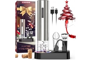 Crenova Sacacorchos Eléctrico Recargable 6 en 1 con corta cápsula, Boquilla Aireador, Bomba de Vacío, Tapón y Cable USB del Abridor de Vino Electrico, Regalo hombre para amantes del vino, San Valentín