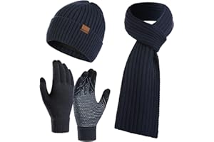 KUNYEAH 3PCS Winter Unisex Hat Scarf Gloves Set Warm Knit Beanie Hat Touchscreen Gloves Long Scarf Outfit for Men and Women