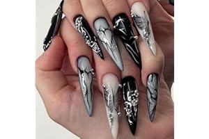 GlamRays 24pc Gothic Black Butterfly Acrylic Stiletto False Nails, Pack of 1 Set, 12 Different Sizes