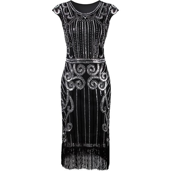 FAIRY COUPLE Women's 1920s Great Gatsby Flapper Dress - Black Gold Sequin, Lace Neck, With Slip - View #3