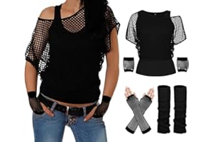ELFIN Strój damski w stylu lat 80. XX wieku, koszulka z siatki, tank top, ocieplacze na nogi, rękawiczki siatkowe, top z siatki w stylu lat 80., kostium w stylu lat 80., kostium do aerobiku, na