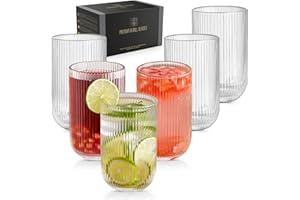 TKNO 6X 410ml Ribbed Highball Glasses Tall Hi Ball Glass Water Gin Juice Cocktail Drinking Glassware Origami Style Fluted Ripple Beverage Tumblers Set, Ideal for Home, Restaurant, Events & Parties