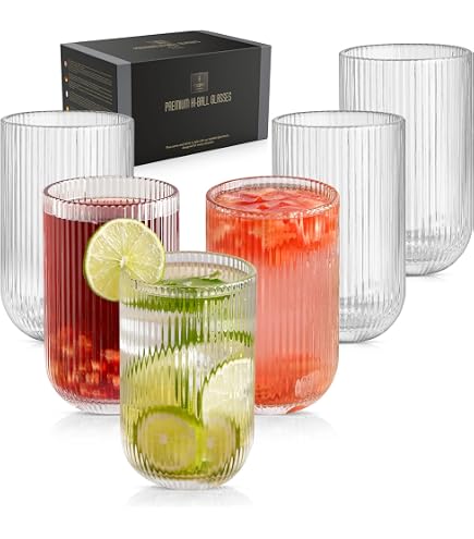 INSETLAN Bicchieri da long drink scanalati da 370 ml, ideali per whisky, birra, succhi, caffè freddo e cocktail, lavabili in lavastoviglie, bicchieri