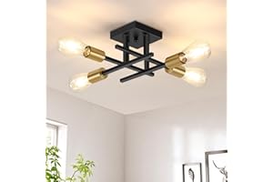 Gbood 4-Lights Sputnik Chandelier Modern Semi Flush Mount Ceiling Light for Bedroom Lighting, Industrial Kitchen Light Fixture Ceiling Mount for Dining Room Hallway Living Room(Black with Gold)