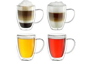 Creano Szkło termiczne z podwójnymi ściankami z uchwytem 400 ml, duża podwójna ścianka ze szkła borokrzemowego, szklanki do kawy, szklanki do herbaty, kieliszki do latte, zestaw 4 szt