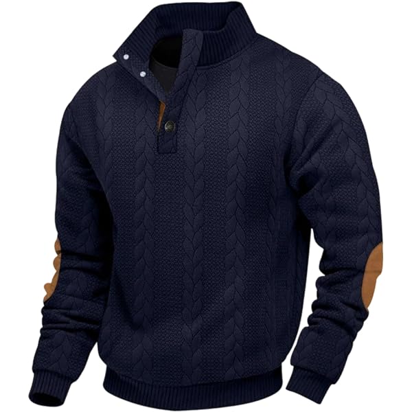 Pull Henley Homme Col Montant - Tricot Gaufré Jacquard, Style Vintage, Couleurs Classiques