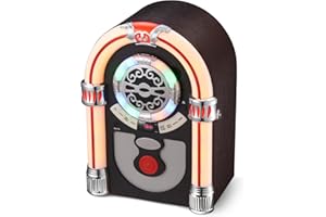 UEME Retro Jukebox Musikbox mit CD-Spieler | Nostalgie 50er Jahre Design | Bluetooth 5.0, FM-Radio, AUX-IN | 16W Stereo-Lautsprecher & Farbwechsel-LED | Vintage Holzoptik für Zuhause, Schlafzimmer & Büro