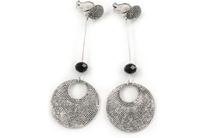 AVALAYA Long Vintage Inspired Textured Disk Metal Bar Clip On Earrings In Aged Silver Tone - 80mm L