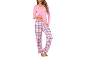 Bresdk Pyjama Femme Hiver Ensembles de Pyjamas Coton Carreaux Manches Longues et Confortable 2 Pièces avec Poches
