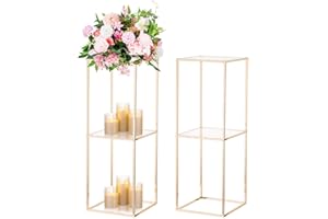 Nuptio Vaso Oro Centrotavola Matrimonio: 2 Pezzi 80cm Alto Supporto per Fiori in Metallo con 2 Strati Acrilico Pannello Pavimento Vasi Colonna Geometrica Alzata per Decorazioni Festa di Compleanno