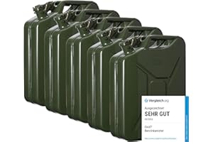 Oxid7 5x Kraftstoffkanister 20 Liter aus Metall olivgrün | Benzin, Diesel & Bio-Ethanol geeignet | 20L Benzin-Kanister mit UN-Zulassung & Bauart geprüft