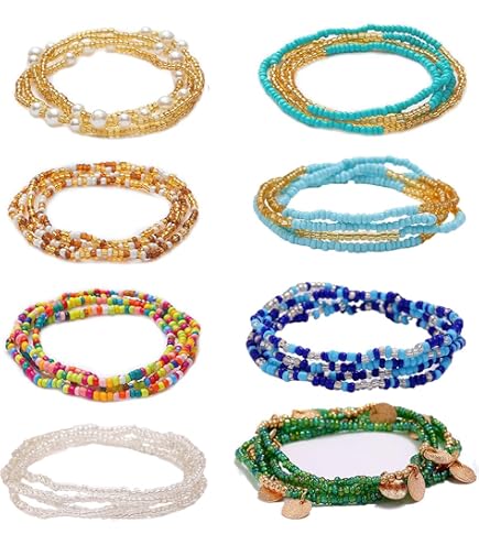 10 Chaînes De Taille élastiques Perles Colorées - Style Boho, Pour Femme, Ajustable (env. 80 Cm)