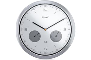 Mebus Funk-Wanduhr mit Thermometer und Hygrometer/Kunststoff/Rund/Modell: 52827 / Farbe: Silber