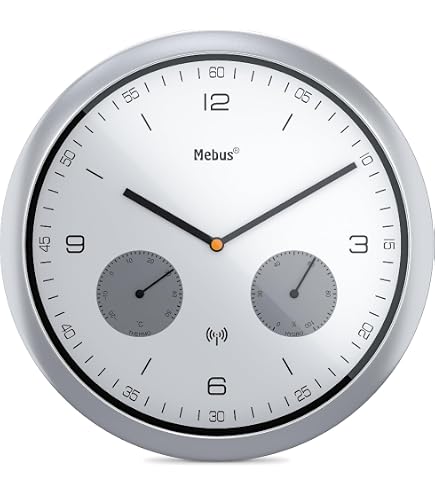 Horloge Murale Radio-pilotée Mebus 26 Cm - Silencieuse, Design Argent Et Noir, Modèle 19812