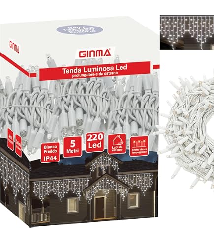 GINMA Tenda Luminosa LED Effetto Pioggia 5m – 200 Luci Bianco Freddo, IP44 Impermeabile, Prolungabile Per Esterni E Natale