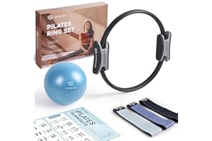 Juego de LIONSCOOL Pilates Ring – Magic Circle de 35.56 CM Antideformación con Mangos Acolchados, Mini Pelota, Bandas de Resistencia, Guía y Bolsa