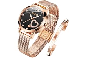 OLEVS Damenuhr Roségold mit Herz Diamant Schwarz Weiße Gesicht Quarz Armbanduhr Wasserdicht Gürtel Armreif Set