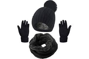 Joligiao Hiver Tricot Bonnet Chapeau éCharpe Gants D'éCran Tactile Ensemble 3 En 1 Doublure En Polaire éCharpe Chaud Gants éPaissis Chapeau Pompon Pour Homme Femme