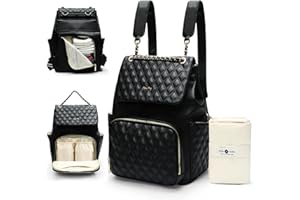 MISS FONG Baby Changing Bags Quilted Nappy Changing Bags with Changing Mat Leather Diaper Bag Baby Bag Backpack for Mum and Dad Hospital bag with Stroller Straps Insulated Pockets-Black