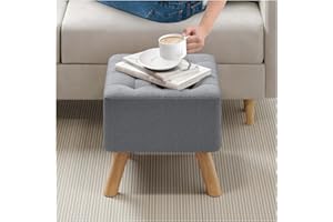 INMOZATA 40 cm Upholstered Footstool Square Linen Stool with Padded Seat Pine Wood Legs Pouffe Stool Change Shoe Footrest for Living Room Bedroom (Grey)