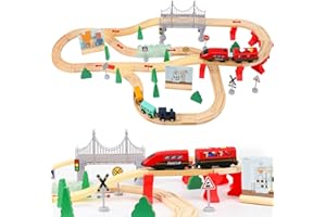 XIAPIA Wooden Train Set for Toddler, 72 Pcs Wooden Train Track Fits Thomas/Brio/Melissa and Doug, Train Toy for 2 3 4 5 Year Old Boy Girl Gifts Presents For Christmas Xmas New Year